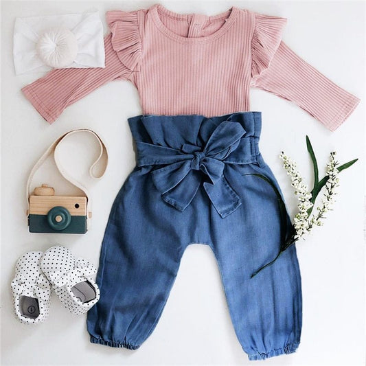 3 Piece Set - Ruffle Long Sleeve Paper Bag Bow Pants